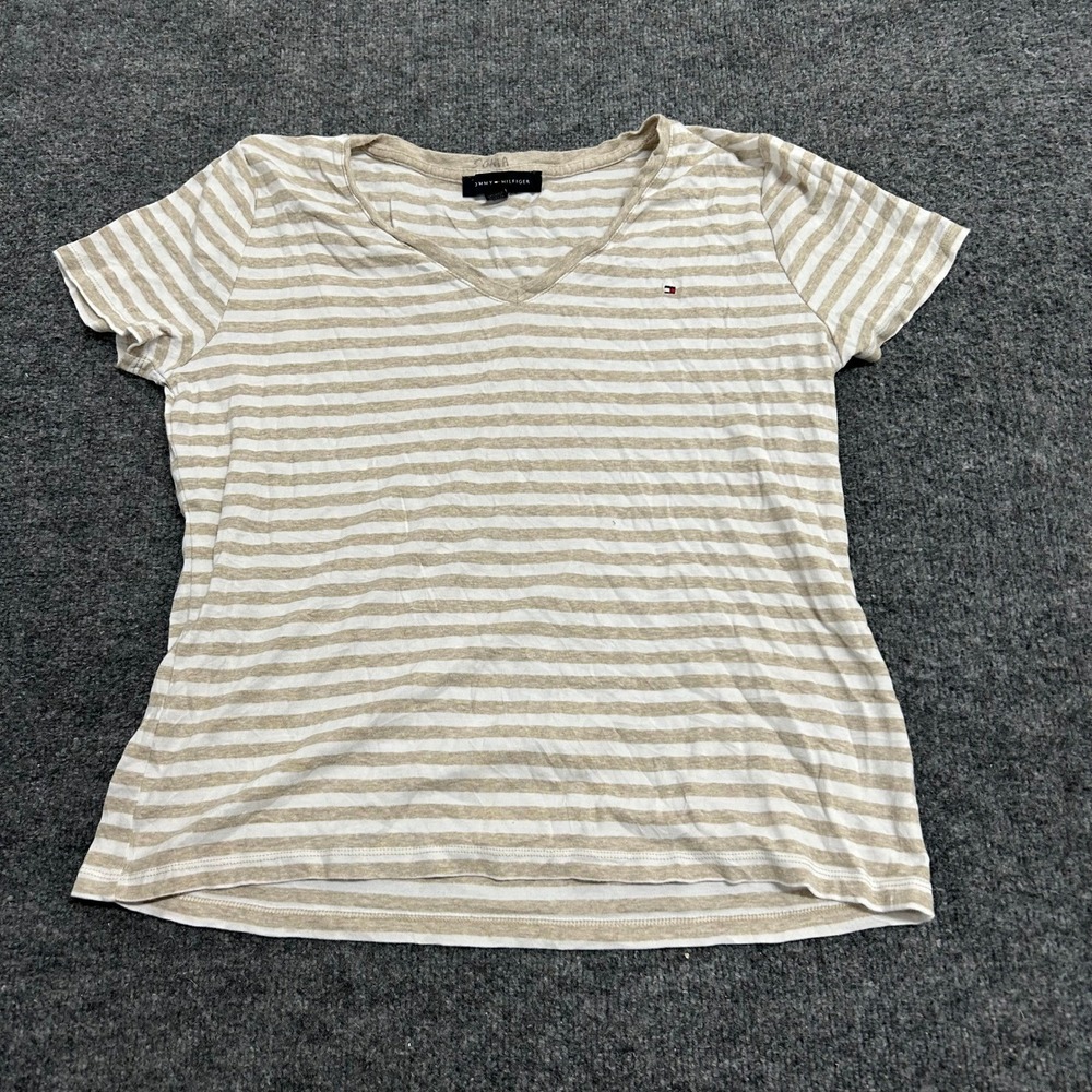 Tommy Hilfiger Shirt Womens XL Tan White Striped V-Neck Cotton Short Sleeve Tee